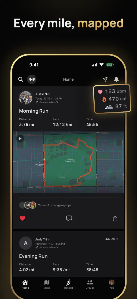 Fyt’s App Store screenshot “Every mile, mapped”: the club feed with a run’s route map, distance, pace and time, beside its heart rate and calories.