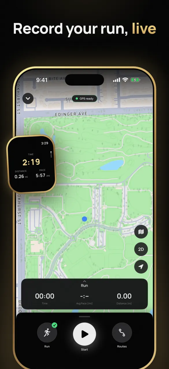 Fyt’s App Store screenshot “Record your run, live”: GPS recording on a map, with the same run on an Apple Watch.