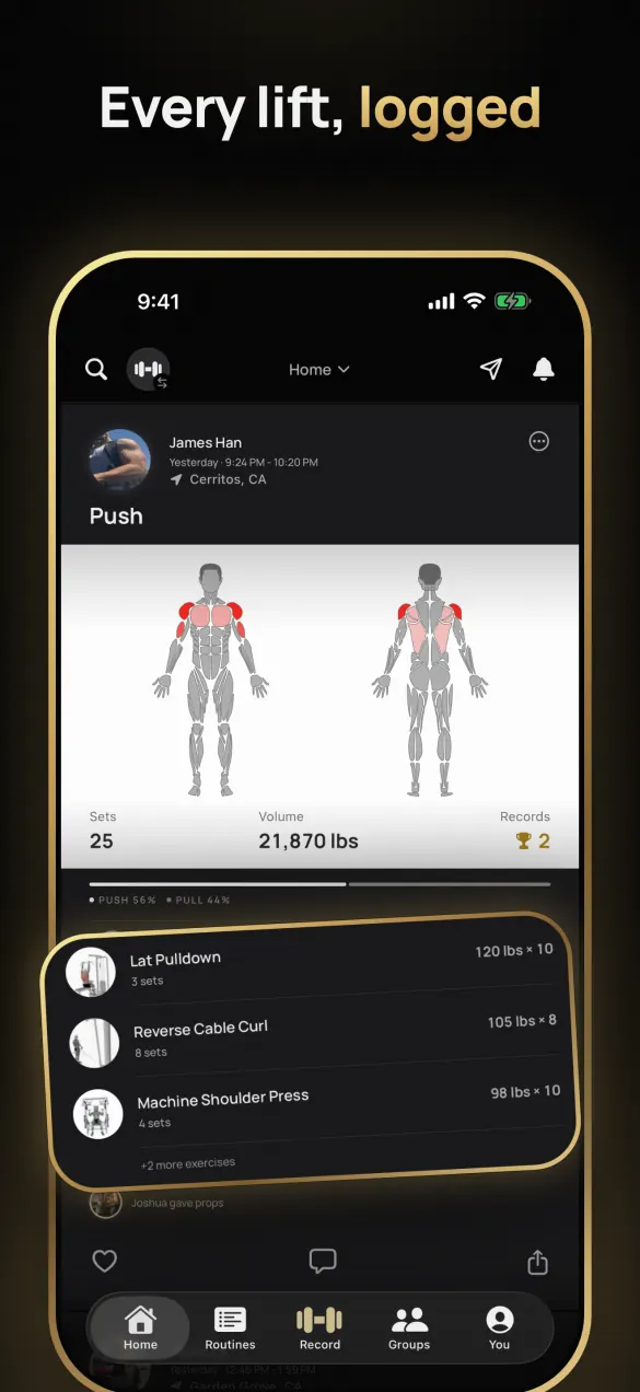 Fyt’s App Store screenshot “Every lift, logged”: a finished gym session with a muscle diagram, sets, total volume, records and the exercises done.