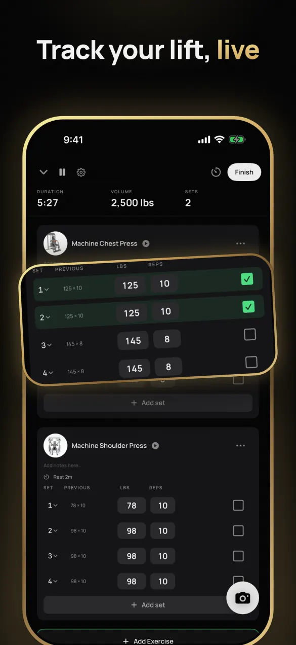 Fyt’s App Store screenshot “Track your lift, live”: a gym session in progress, with weights and reps checked off set by set.