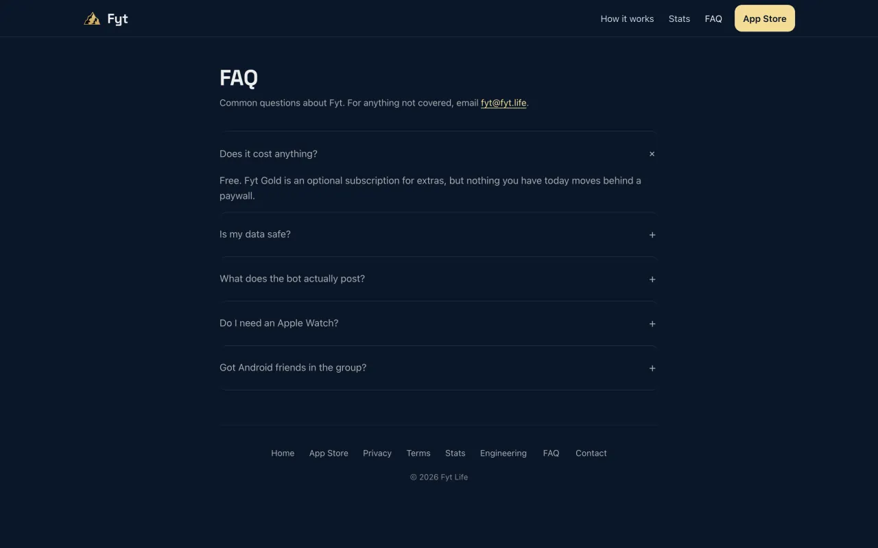 pressure.fyt.life’s FAQ page: five questions, the first opened to say the app is free with an optional subscription, above the footer every page shares.