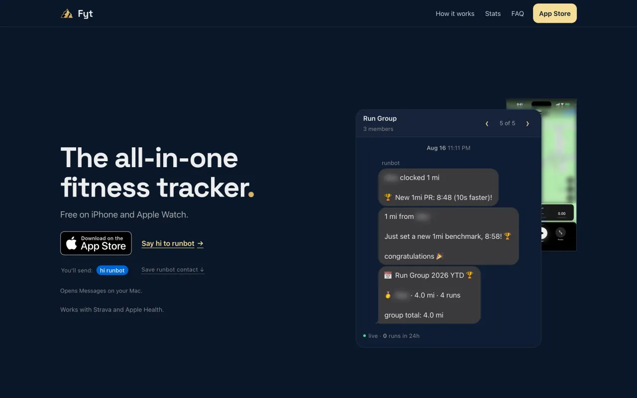 pressure.fyt.life’s home page on a desktop: the headline “The all-in-one fitness tracker.”, the App Store badge and a link to text runbot, beside a group chat in which the bot announces runs and the year’s leaderboard. Runners’ names are blurred.