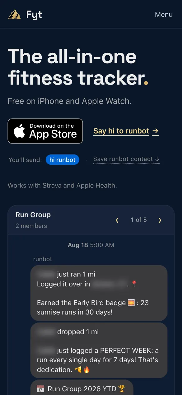 pressure.fyt.life’s home page on an iPhone: the same headline, App Store badge and link to the bot, above the group chat. Runners’ names and a town are blurred.
