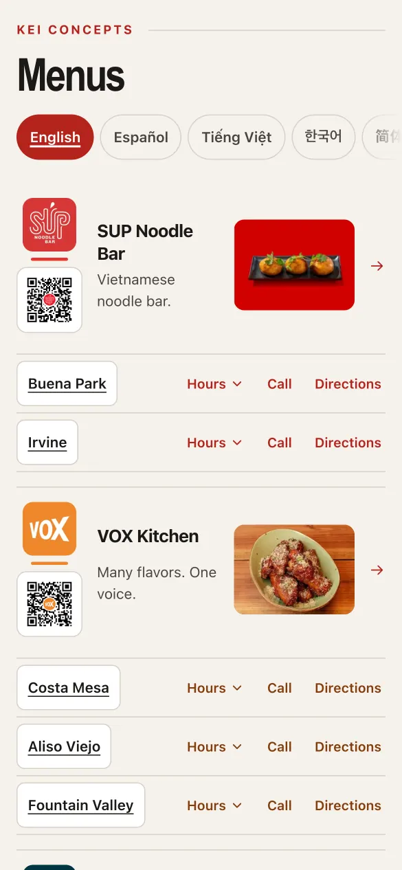 A mobile directory with links to each restaurant brand’s menu.