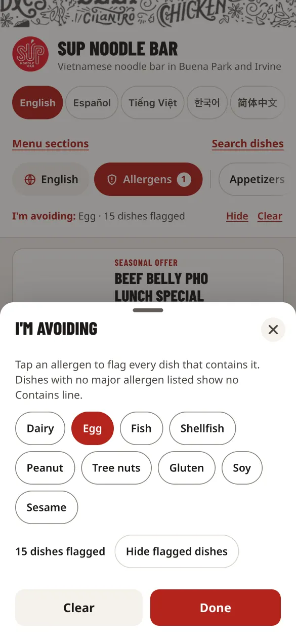 An allergen selection sheet opened over the menu.