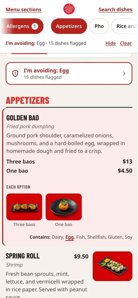 Menu dishes marked with a warning when they contain the selected allergen.