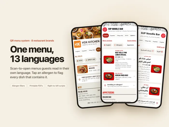Three mobile restaurant menus showing Korean, English and a right-to-left Arabic layout.